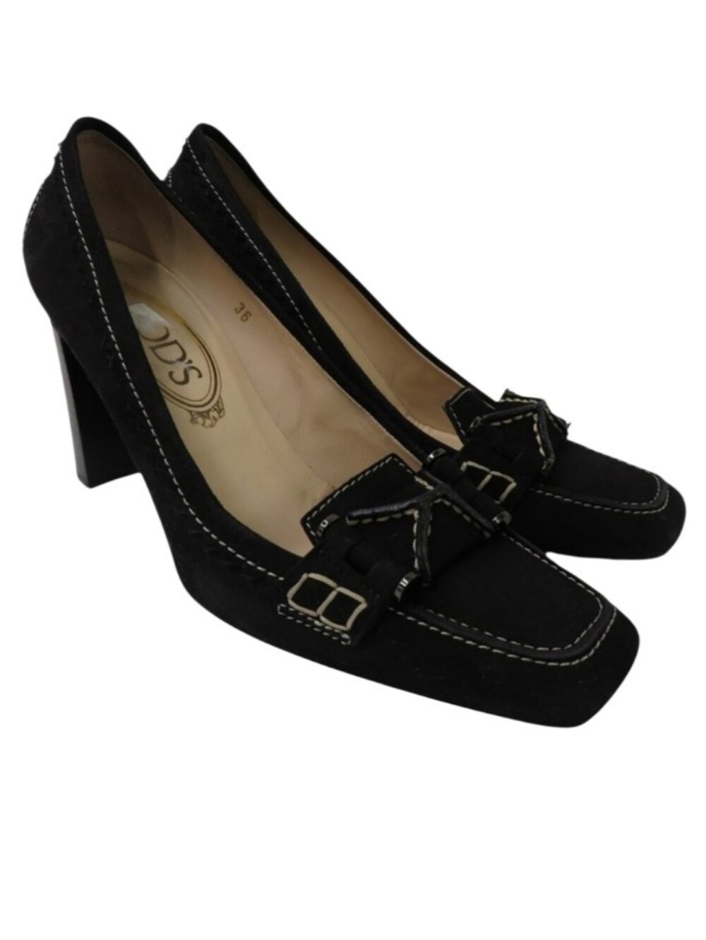 Tod's Black Suede Square-Toe Block Heel Loafers with Buckle Detail